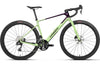 A gravel bicycle with a light green frame, dark purple top tube, black drop handlebars, and black wheels, shown from a side profile on a white background.
