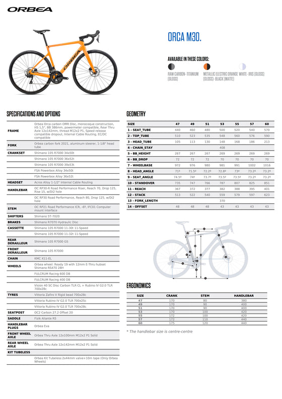 2022 ORBEA ORCA M30 - OMR Carbon - Shimano 105 R7000 GS (M118) Road Bike